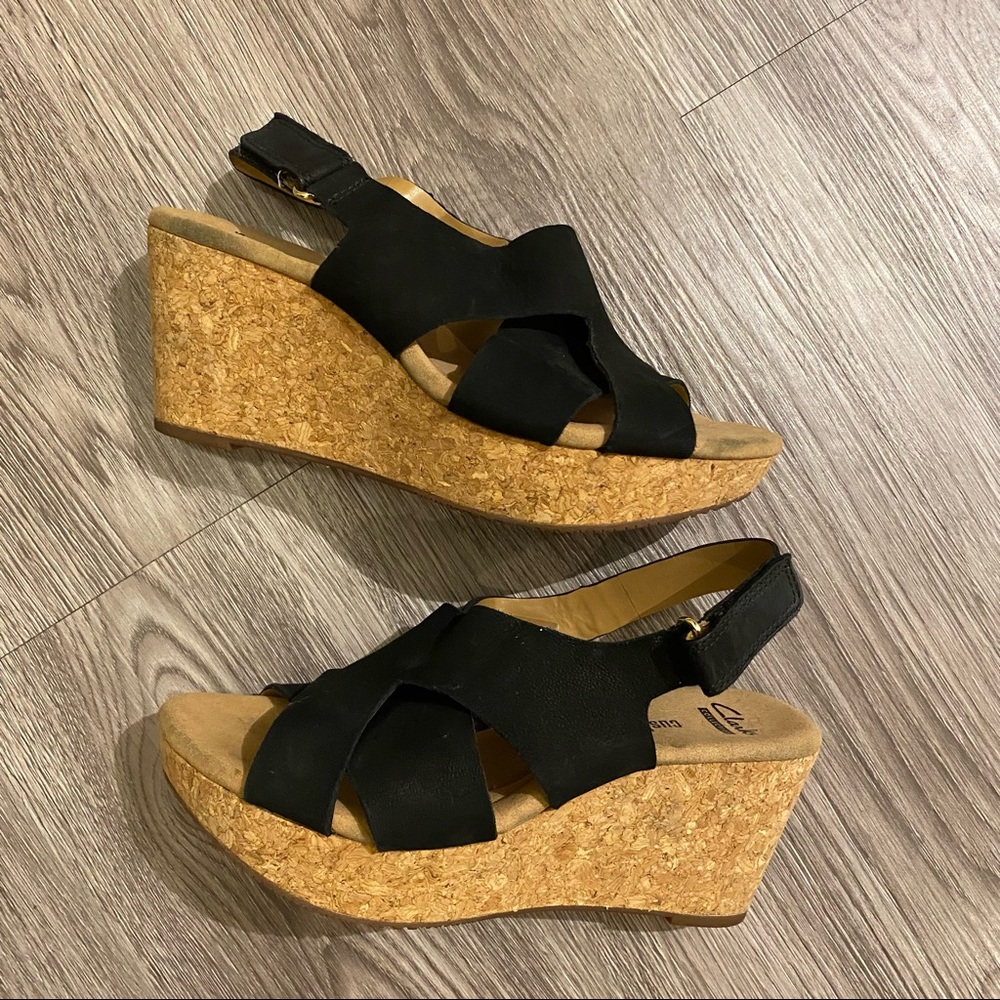 Clarks black suede strap cork wedge sandals